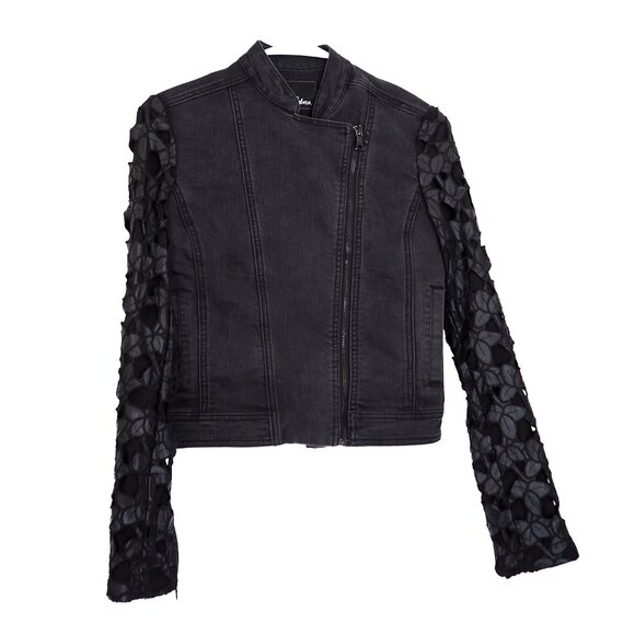 Sam Edelman Biker Jacket with Leaf Patterned Sleeves Asymmetrical Zipper sz XS - Picture 1 of 14